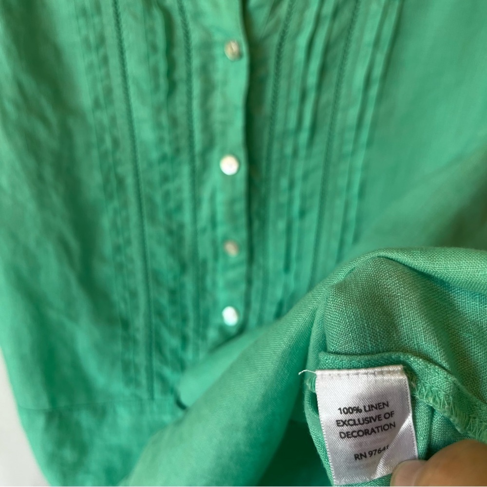 J Jill button up shirt L 100% Linen Green Pintuck blouse Womens Long sleeve top - Picture 5 of 6